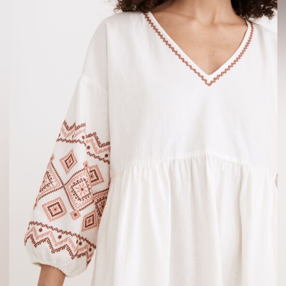 Madewell Linen Blend Embroidered-Sleeve Popover Midi Dress Size Small - Picture 3 of 9